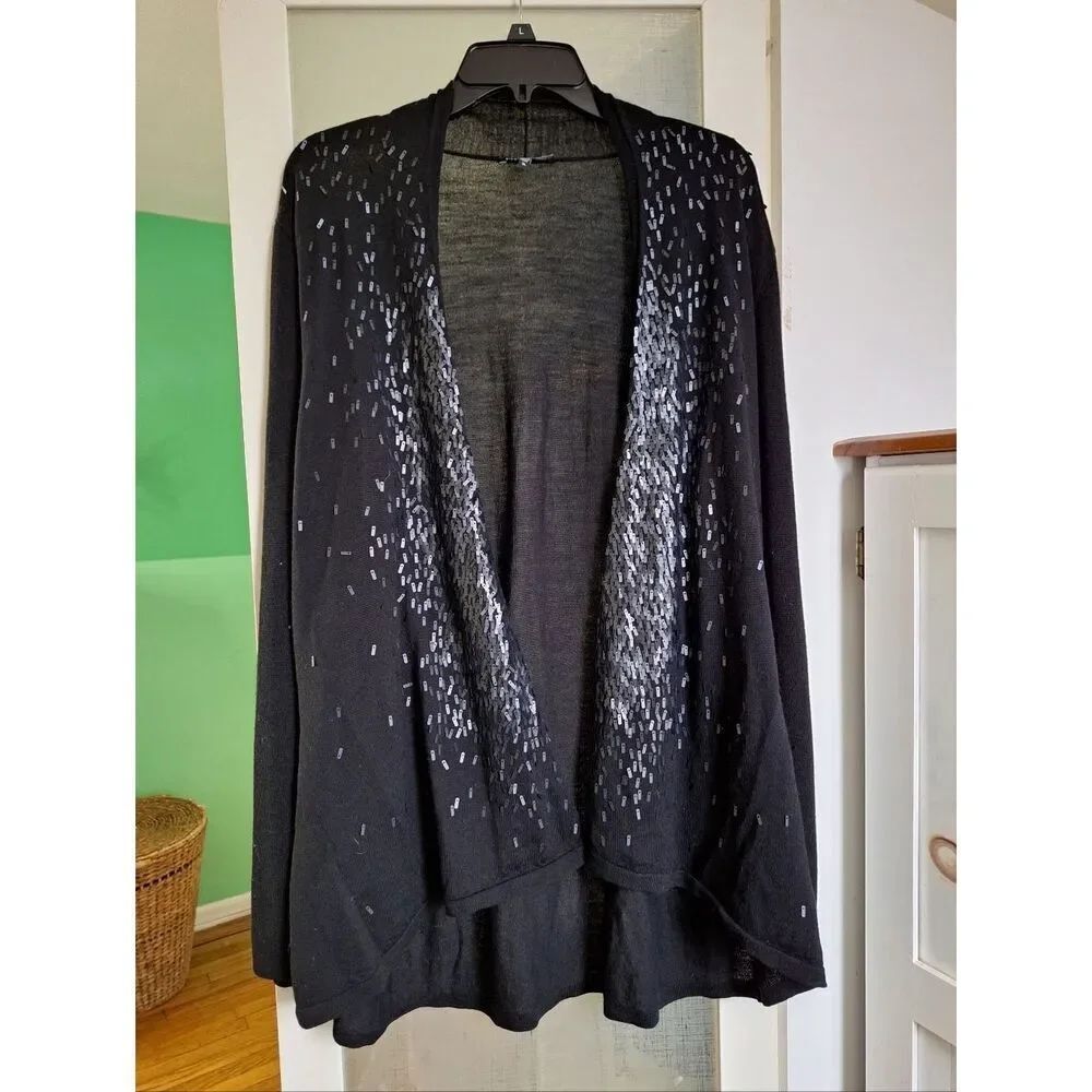 NWOT Eileen Fisher XL Black Marino Wool Embellished Sweater